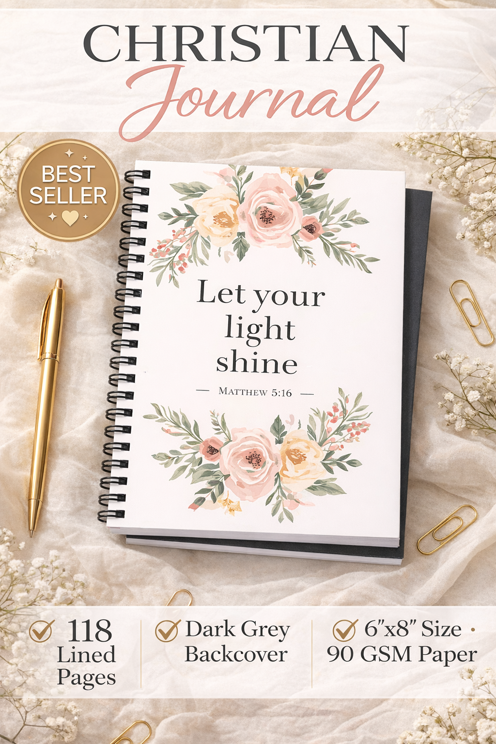 Christian Journal for Women – Floral Bible Verse Notebook “Let Your Light Shine” (Matthew 5:16) | Lined 6x8 Faith Journal