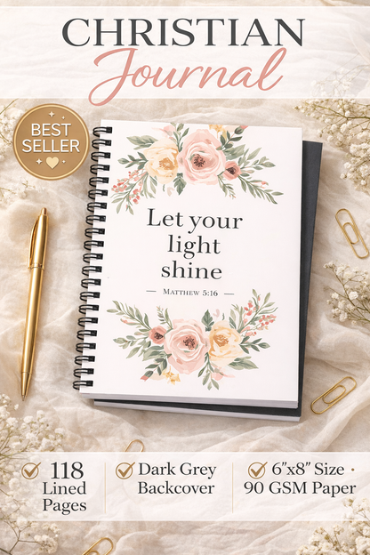 Christian Journal for Women – Floral Bible Verse Notebook “Let Your Light Shine” (Matthew 5:16) | Lined 6x8 Faith Journal