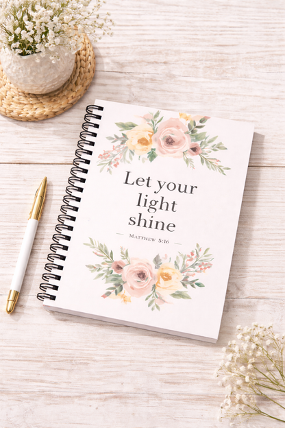 Christian Journal for Women – Floral Bible Verse Notebook “Let Your Light Shine” (Matthew 5:16) | Lined 6x8 Faith Journal