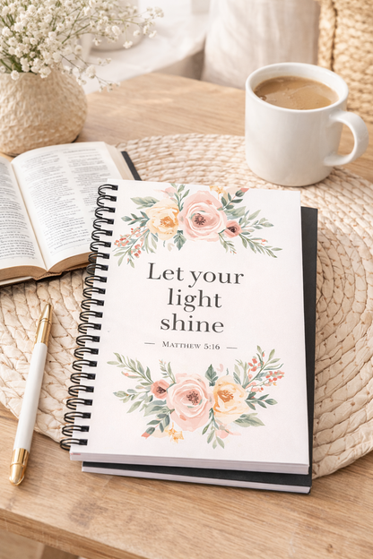 Christian Journal for Women – Floral Bible Verse Notebook “Let Your Light Shine” (Matthew 5:16) | Lined 6x8 Faith Journal